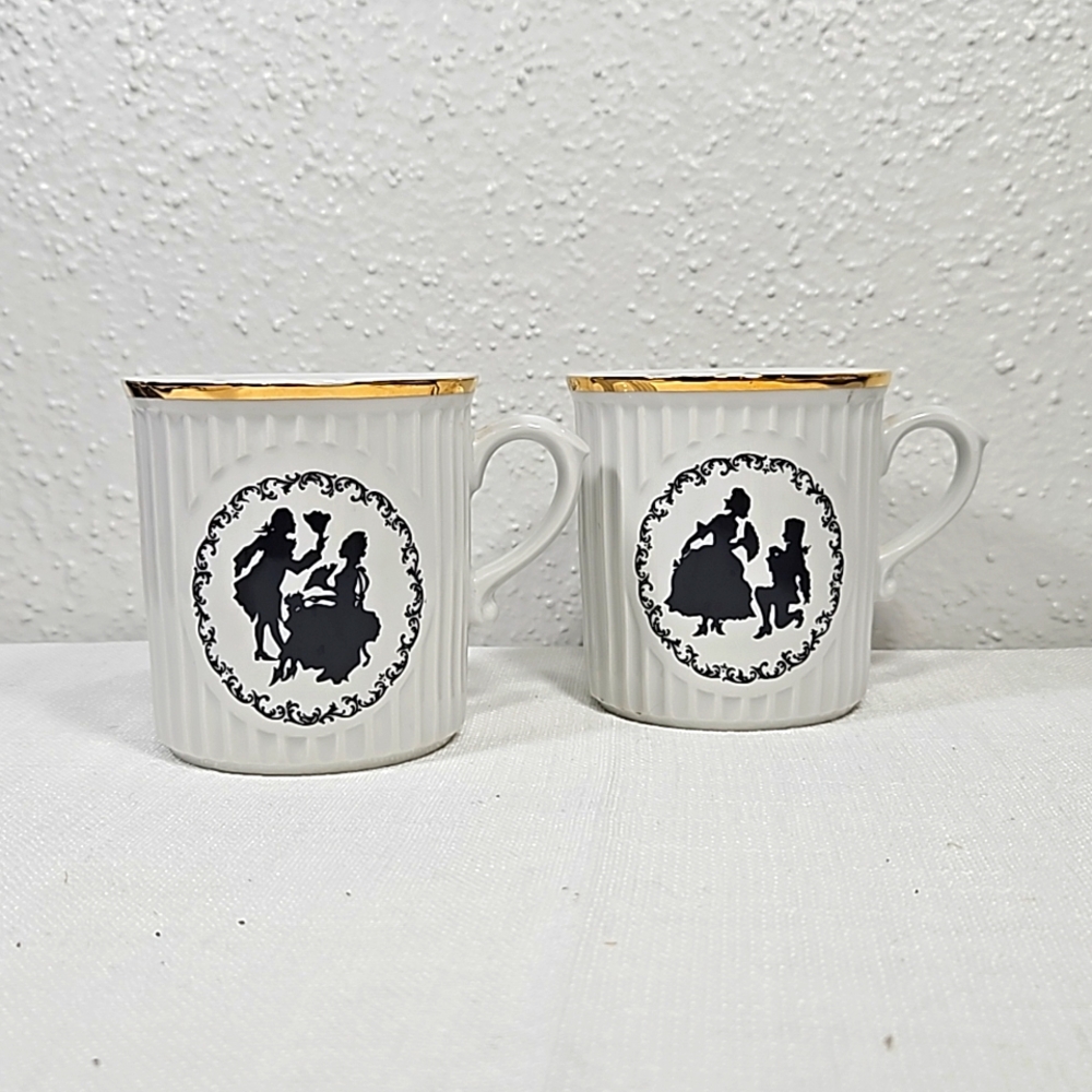 set of 2 Victorian couple silhouette Czechoslovakia porcelain tea cups